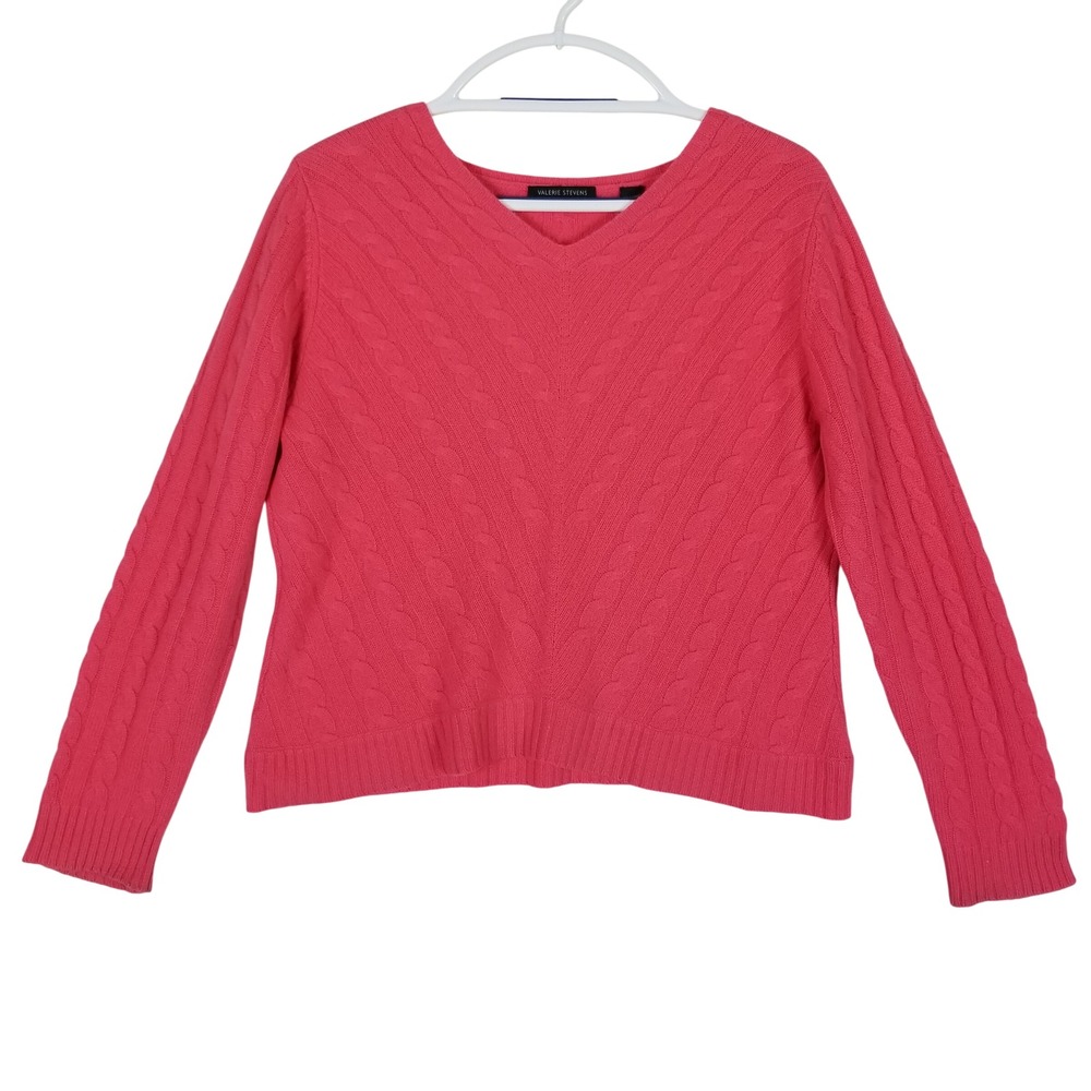 Valerie Stevens Sweater Women Large Pink 100% Cashmere 2-Ply Cable Knit V-Neck